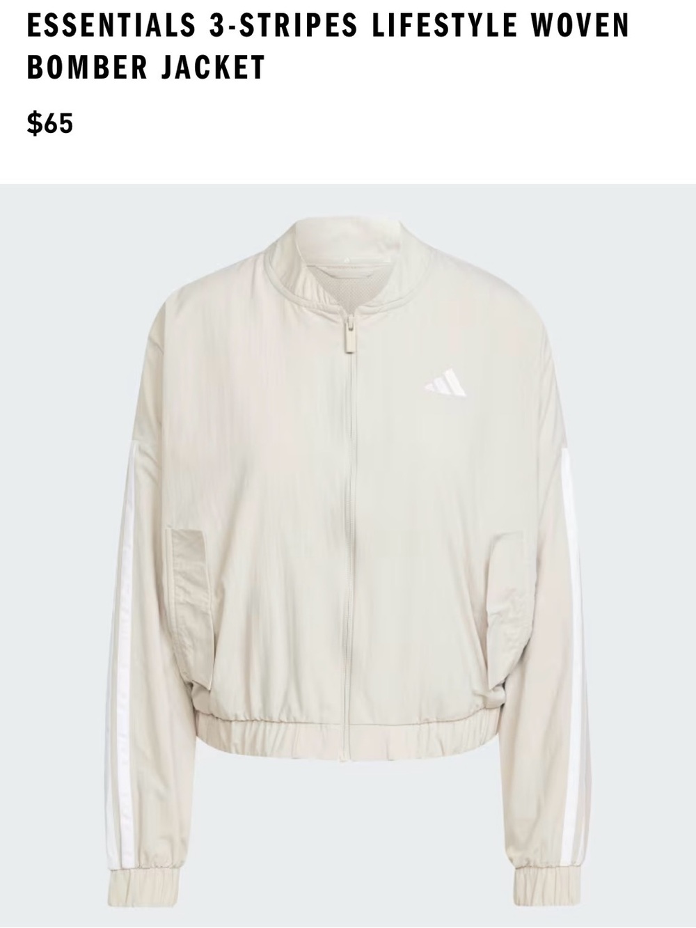 adidas Cream Essentials 3-Stripes Woven Bomber Jacket